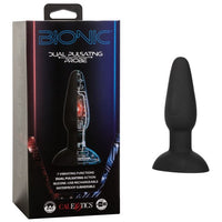 The product image shows a black anal plug with a flanged base. The plug is shown alongside its packaging, which features a blue and red design with 'Bionic' written on it.