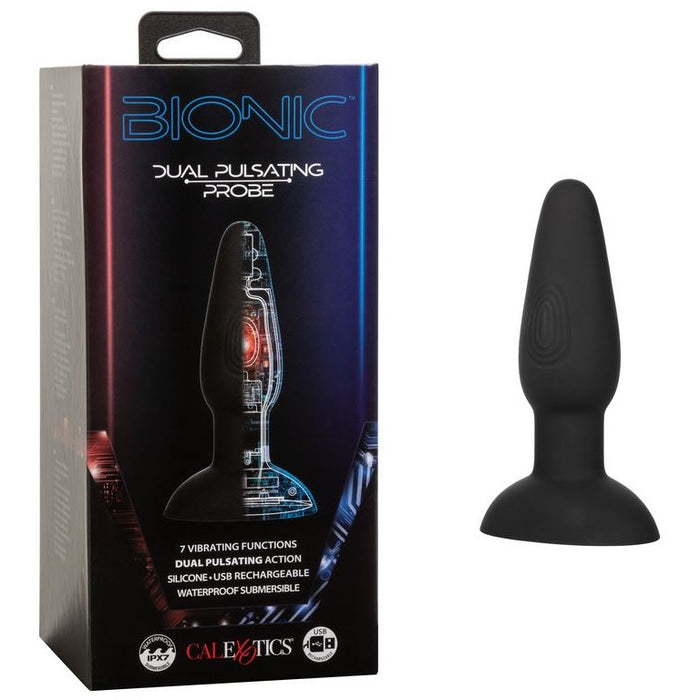 The product image shows a black anal plug with a flanged base. The plug is shown alongside its packaging, which features a blue and red design with 'Bionic' written on it.