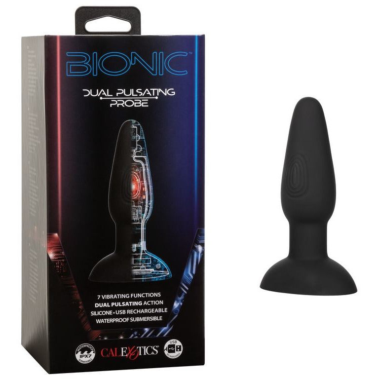 The product image shows a black anal plug with a flanged base. The plug is shown alongside its packaging, which features a blue and red design with 'Bionic' written on it.