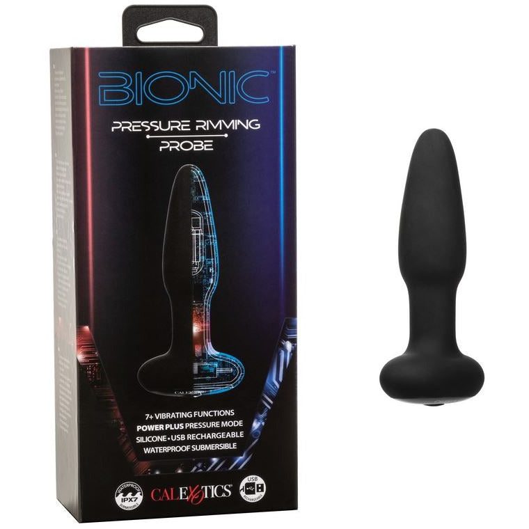 The product image shows a black anal plug with a curved base. The packaging displays the product name 'Bionic Pressure Rimming Probe' and highlights its features, including pressure-activated modes and intense vibration.