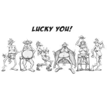 Cartoon characters in various poses with the text 'Lucky You!' above them on a white background.