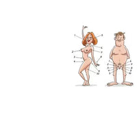 Cartoon illustration of a man and woman with labeled body parts on a white background