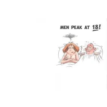 Cartoon illustration of a woman  and a man  in bed, with text 'Men peak at 18!' on a white background.