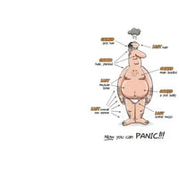 Cartoon of a person with labeled body parts and text about losing hair, muscle, etc., on a white background.