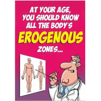 Cartoon doctor pointing to body parts with text about body zones at a certain age on a pink background