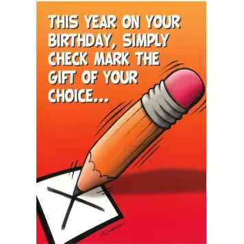 Cartoon pencil marking a box with text about choosing a birthday gift on an orange background
