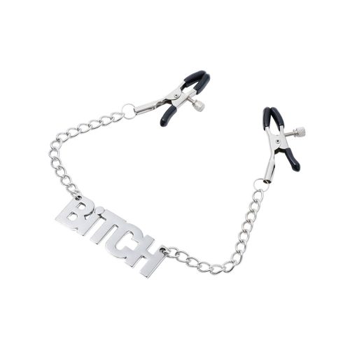adjustable nipple clamps with bitch written in the middle