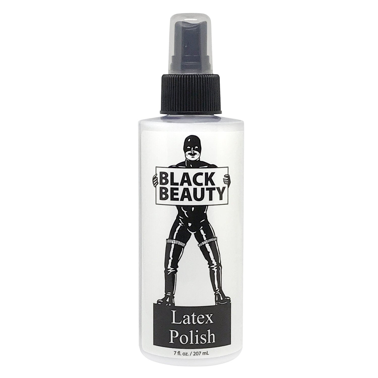 clear spray bottle with a black latex figure on bottle. labeled black beauty latex polish