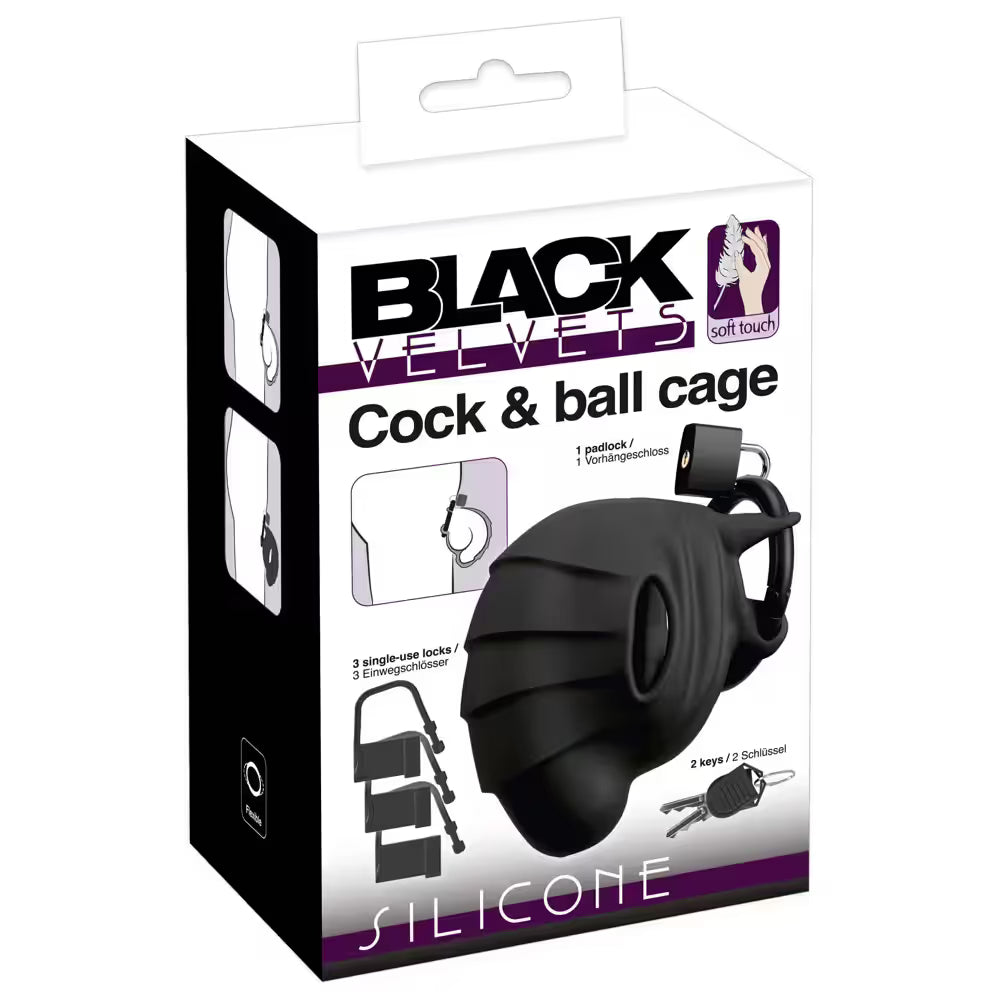 Black Velvets cock and ball cage packaging on a white background