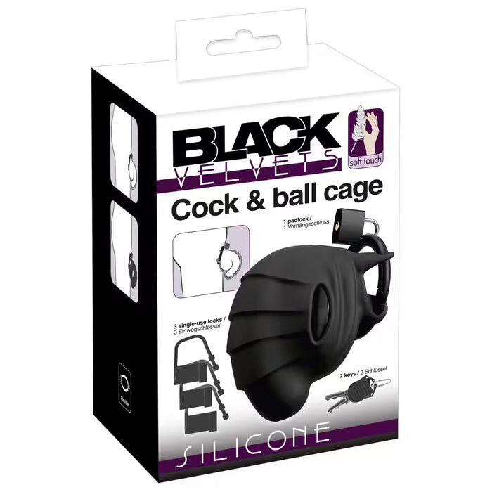 Black Velvets cock and ball cage packaging on a white background