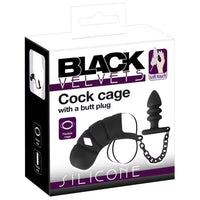 Box of Black Velvets silicone cock cage with butt plug on a white background