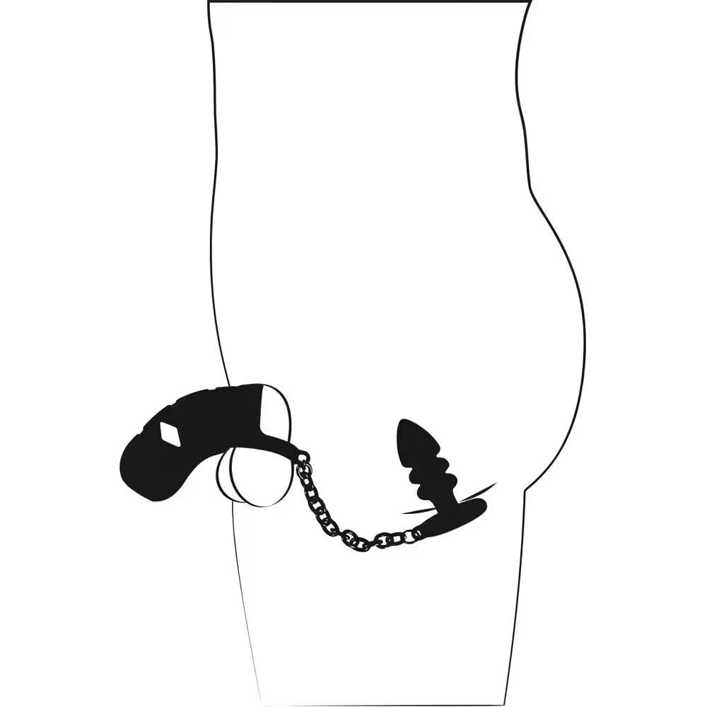 black velvets cock cage on a male figure showing with anal plug