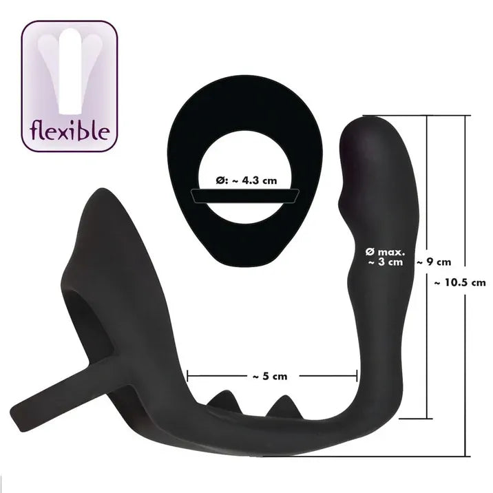 Black flexible ring with anal plug and measurements on a white background