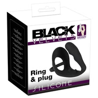 Packaging of Black Velvets silicone ring and plug set on a white background