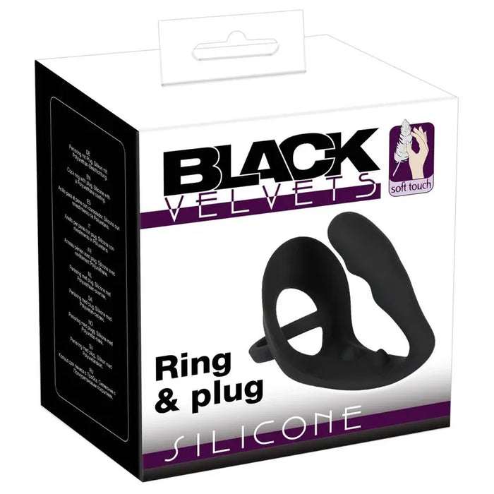 Packaging of Black Velvets silicone ring and plug set on a white background