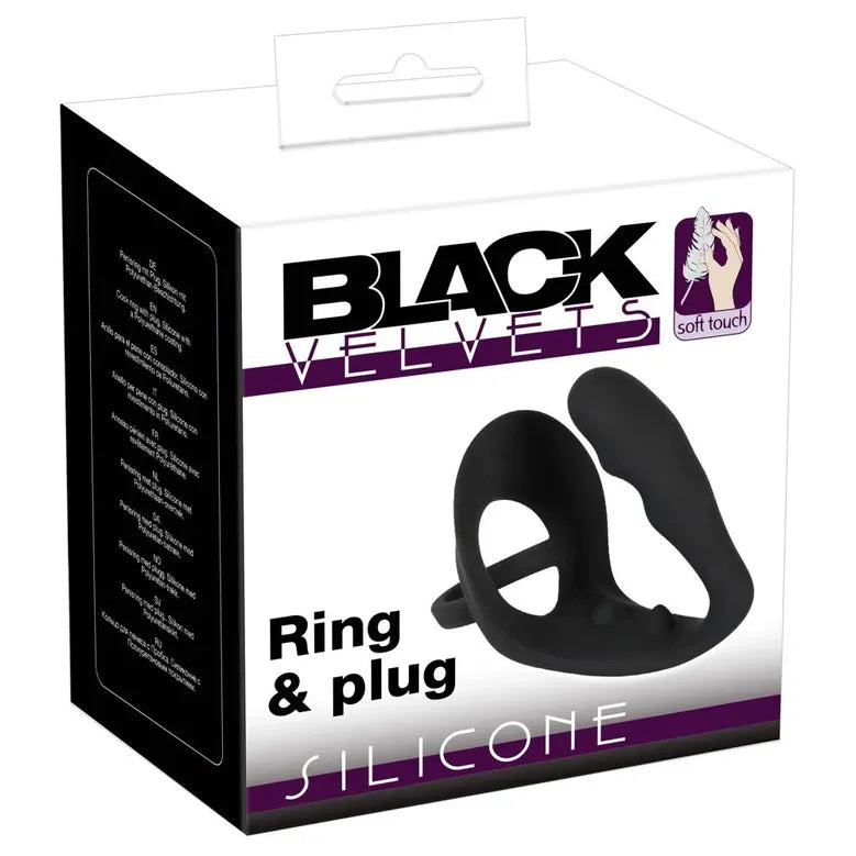 Packaging of Black Velvets silicone ring and plug set on a white background