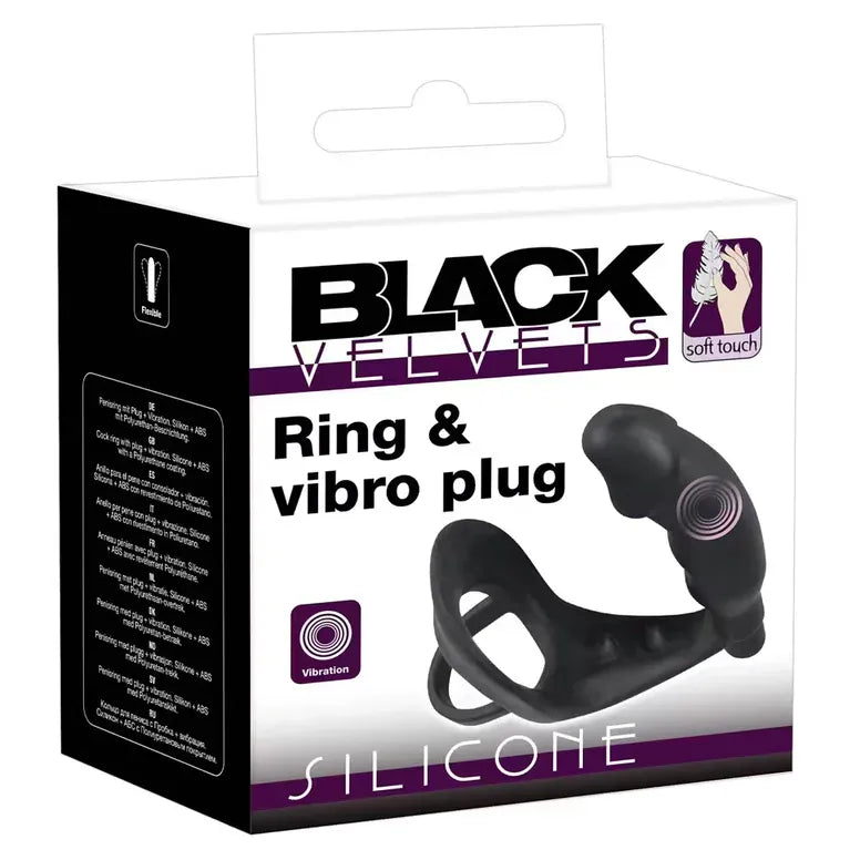 Black Velvets ring and vibro plug packaging on a white background