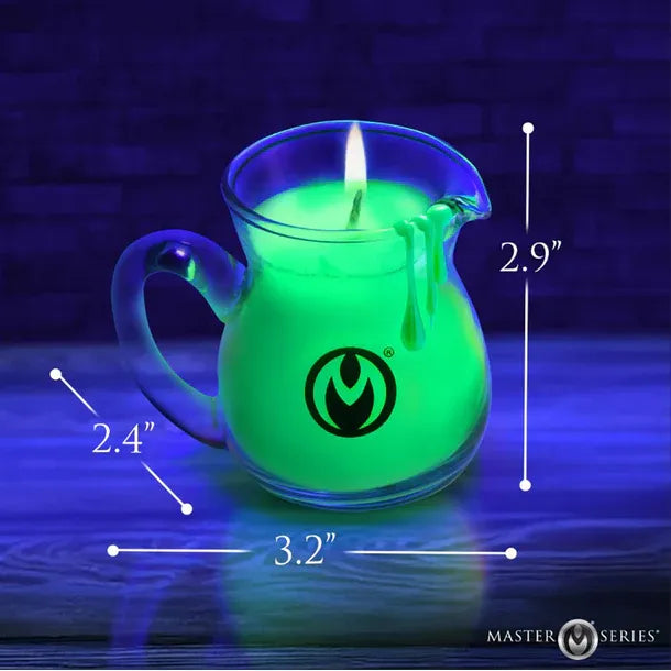 Glowing green candle in a glass pitcher with measurements and 'Master Series' branding.