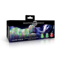 Packaging of Master Series Glow Pour blacklight reactive drip candles on a white background