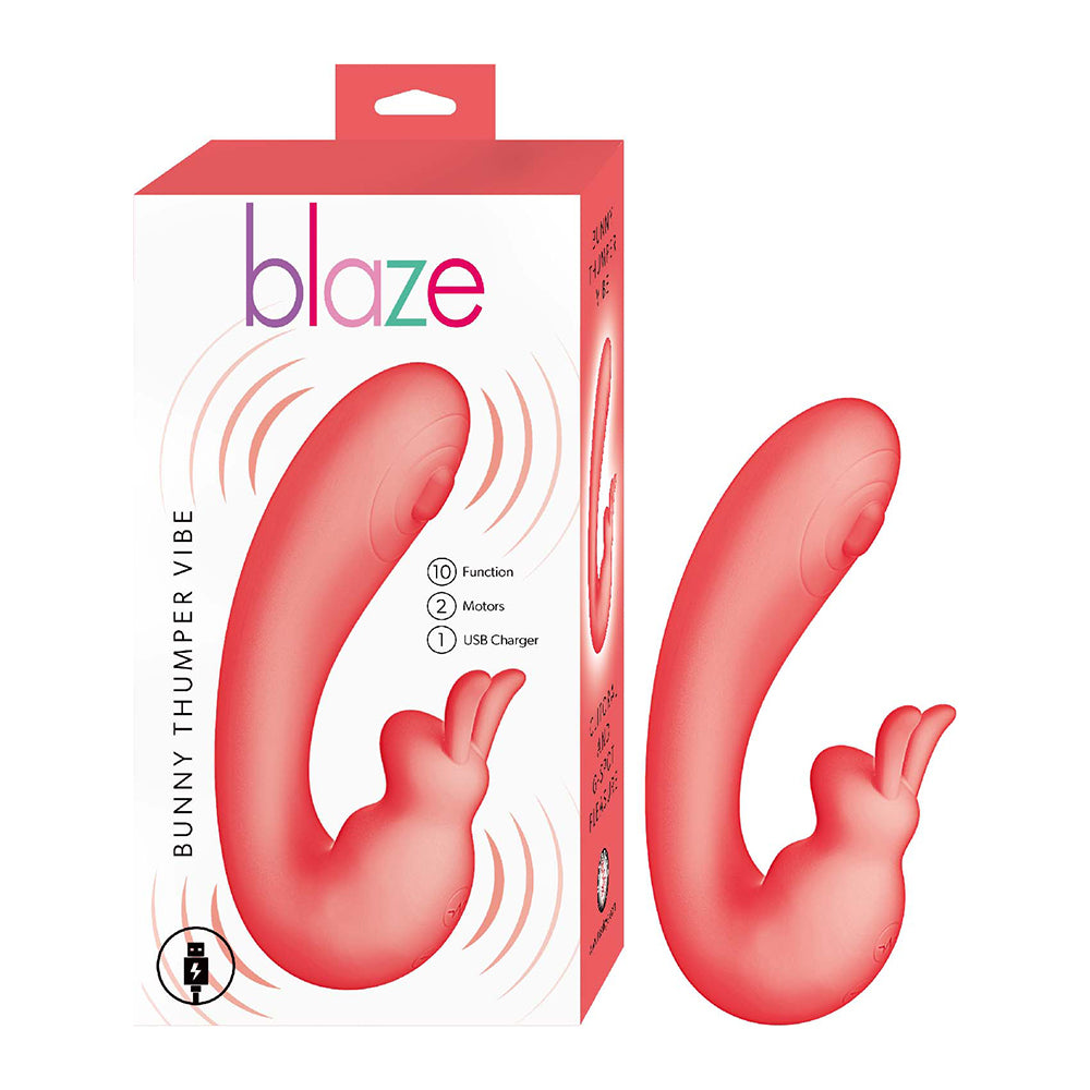curved vibrator with thumper action on top middle, with bunny clitoral stimulator in coral beside box packaging
