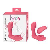 curved vibrator for internal penetraion with clitoral stimulator with nubs in coral beside box packaging 