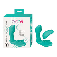 curved vibrator for internal penetraion with clitoral stimulator with nubs in aqua beside box packaging 