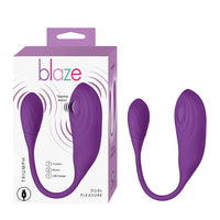 double ended vibrating egg with clitoral stimulator in purple beside box packaging