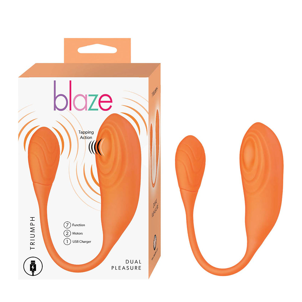 double ended vibrating egg with clitoral stimulator in orange beside box packaging