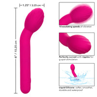 Pink silicone vibrator with measurements and features on a white background