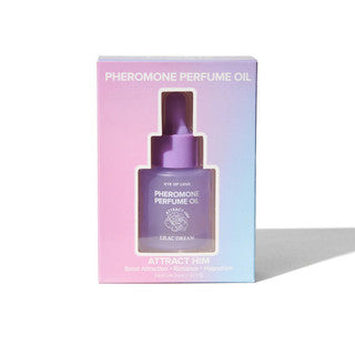 Pheromone perfume oil packaging with a gradient pink to purple design on a white background