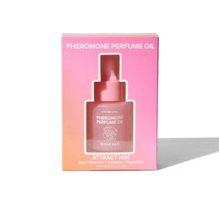 Pheromone perfume oil packaging with pink gradient and dropper bottle illustration on a white background.