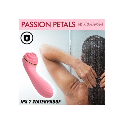 Pink clitoral vibrator with 'Passion Petals' branding on a white background