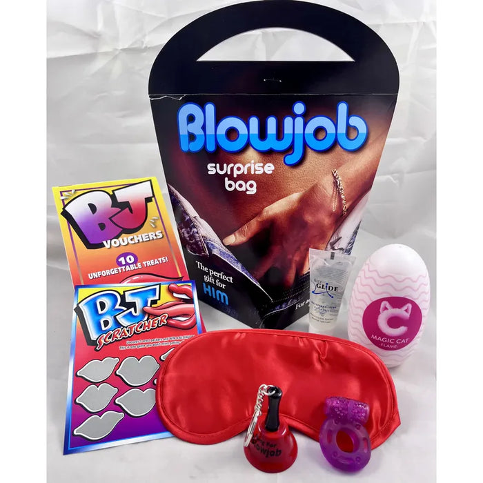 Blowjob-themed surprise bag with various items on a white background