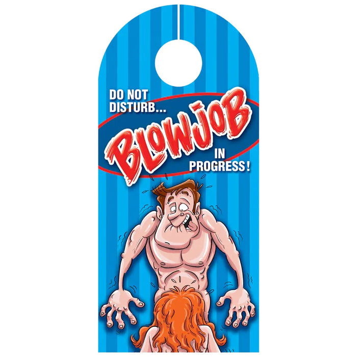 A humorous door hanger with a cartoon character and the text 'DO NOT DISTURB... BLOWJOB IN PROGRESS!'