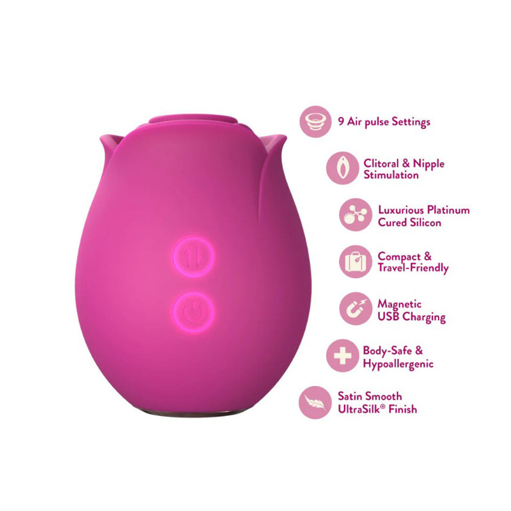 Pink silicone rose device with features listed on a white background