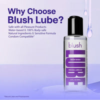 Blush Lube bottle with product features on a light purple background