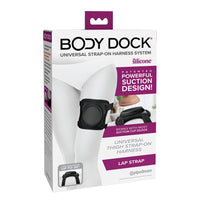 Package of Body Dock universal strap-on harness system with text and images on a white background