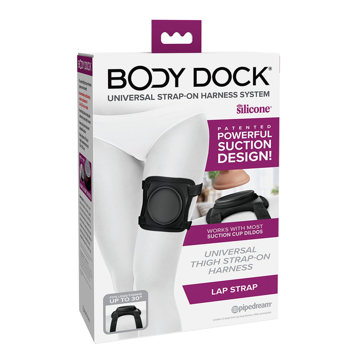 Package of Body Dock universal strap-on harness system with text and images on a white background