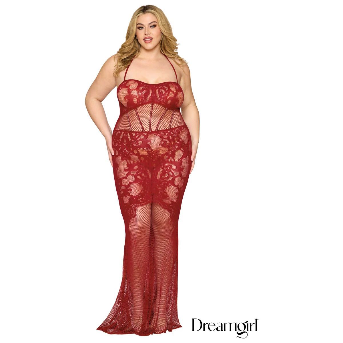 red halter neck gown with mesh and lace, floor length. front view