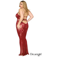 red halter neck gown with mesh and lace, floor length. back view