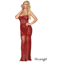 red halter neck gown with mesh and lace, floor length. front view