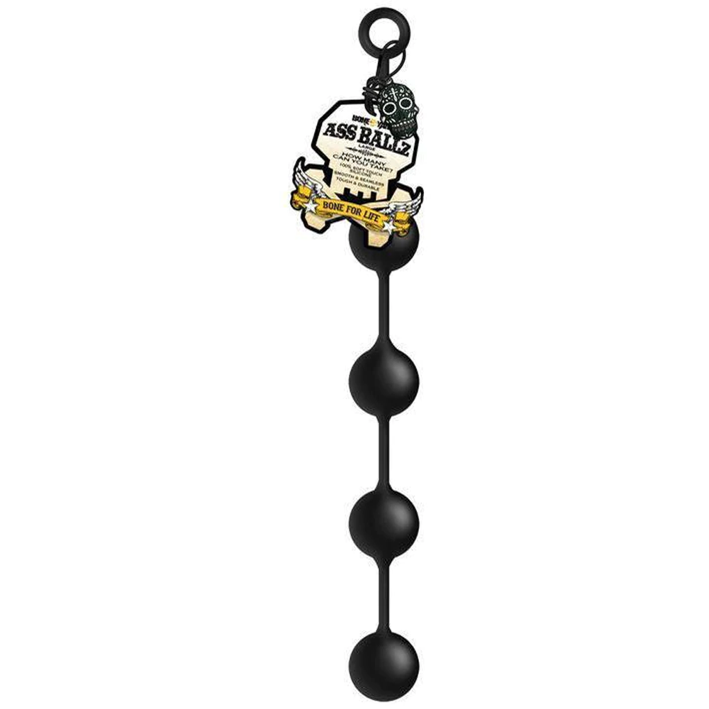 Black anal beads product with a label on a white background