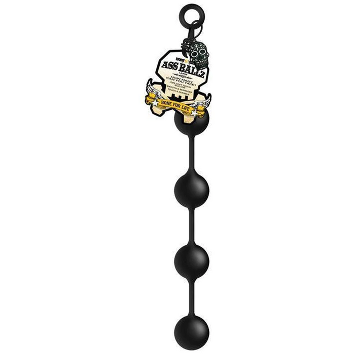 Black anal beads product with a label on a white background