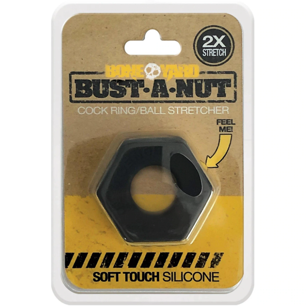 Bust-A-Nut cock ring/ball stretcher packaging with visible brand name on a white background
