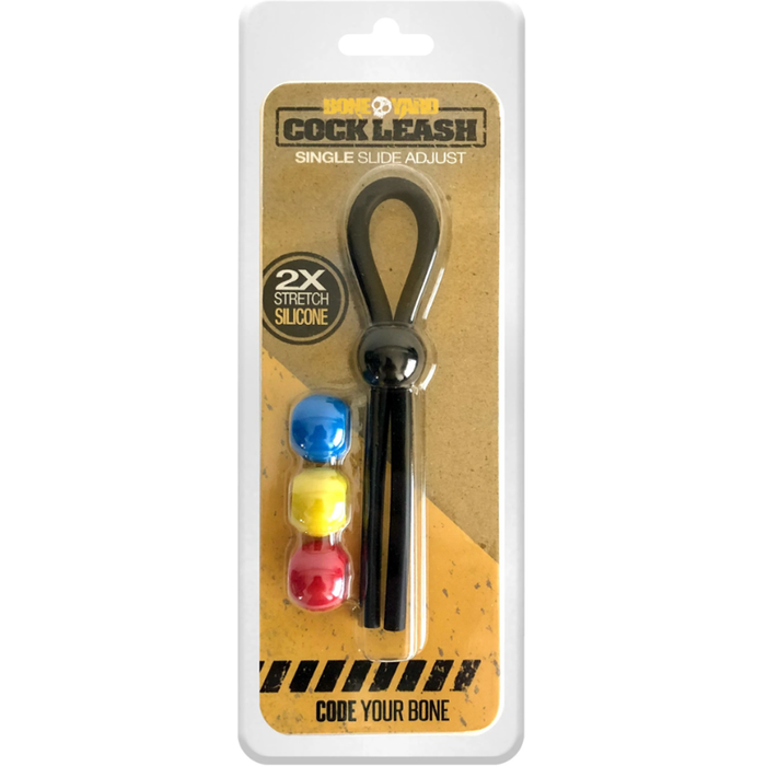 A packaged novelty bone-shaped slip adjuster tool with three colored silicone pieces in blue, yellow, and red, mounted on a tan and orange backing card labeled 'Cocktail Cocklerash Single Slide Adjust' and 'Code Your Bone.'.