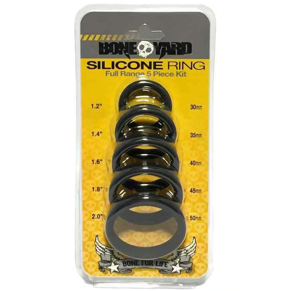 Packaged set of silicone rings with measurements on a yellow background, branded 'Bone Yard'.