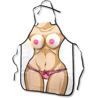 This image features the "Boobie Apron" by Ozze Creations, a unique and humorous culinary accessory designed to add a touch of fun to cooking activities. The apron is depicted with a cartoonish print of a female torso wearing a pink bikini bottom and prominent breast graphics, intended to provide a playful element to cooking gatherings.