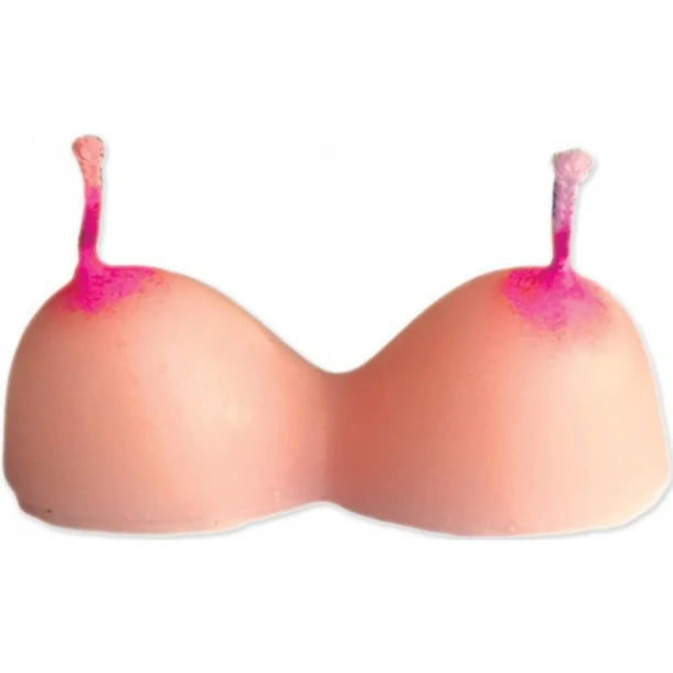 Pink and beige boobie candle on a white background