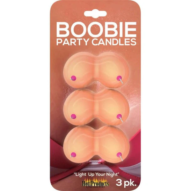 Pack of 'Boobie Party Candles' with packaging design.
