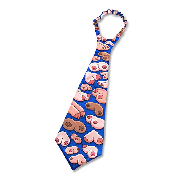 Tie with a pattern of various boobs on a blue background